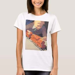 Vintage Christmas, Boy Playing with Toys Trains T-Shirt