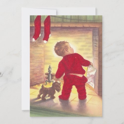 Vintage Christmas Boy Waits By Fireplace For Santa Holiday Card