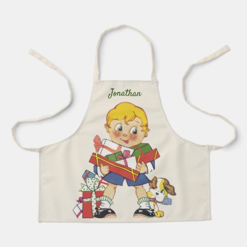 Vintage Christmas Boy with Presents and Puppy Dog Apron
