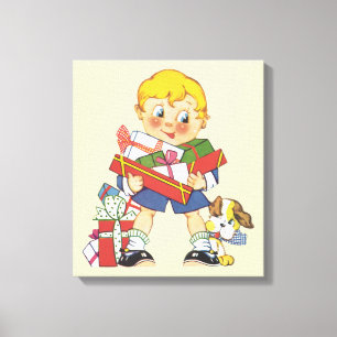Vintage Christmas, Boy with Presents and Puppy Dog Canvas Print