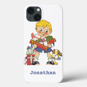 Vintage Christmas, Boy with Presents and Puppy Dog iPhone 13 Case