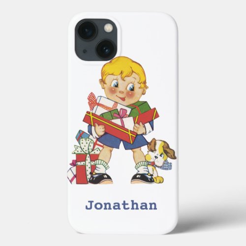 Vintage Christmas Boy with Presents and Puppy Dog iPhone 13 Case