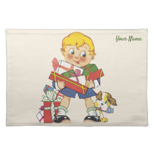 Vintage Christmas, Boy with Presents and Puppy Dog Cloth Placemat