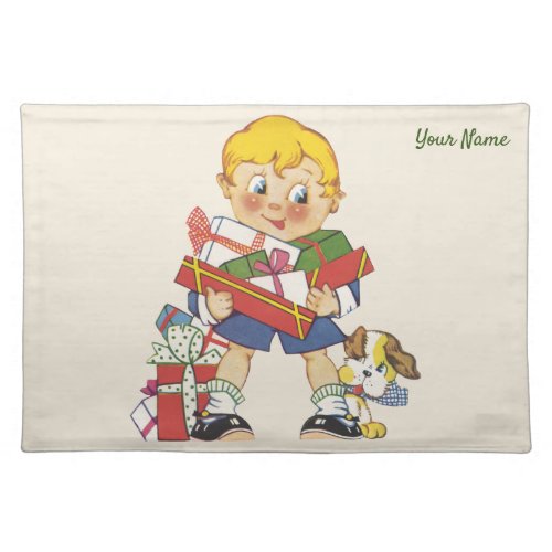 Vintage Christmas Boy with Presents and Puppy Dog Cloth Placemat