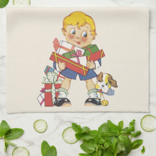 Vintage Christmas, Boy with Presents and Puppy Dog Kitchen Towel