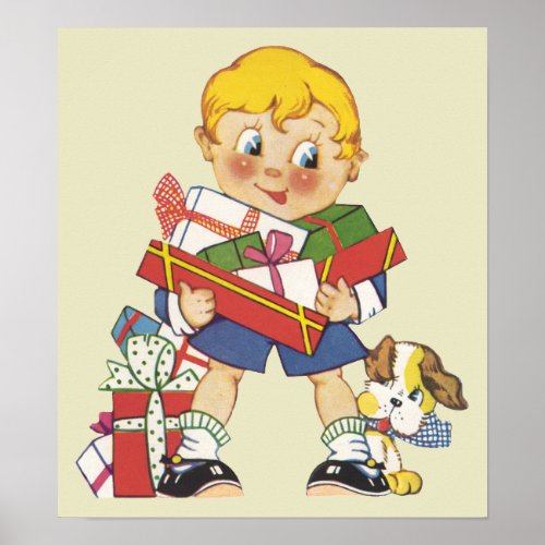Vintage Christmas Boy with Presents and Puppy Dog Poster