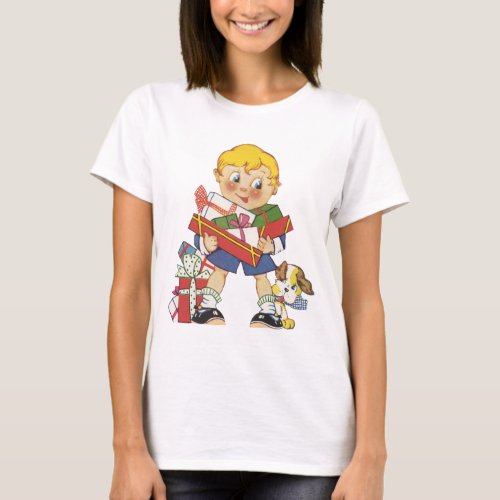Vintage Christmas Boy with Presents and Puppy Dog T_Shirt
