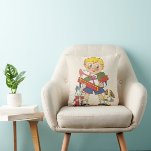 Vintage Christmas, Boy with Presents and Puppy Dog Throw Pillow