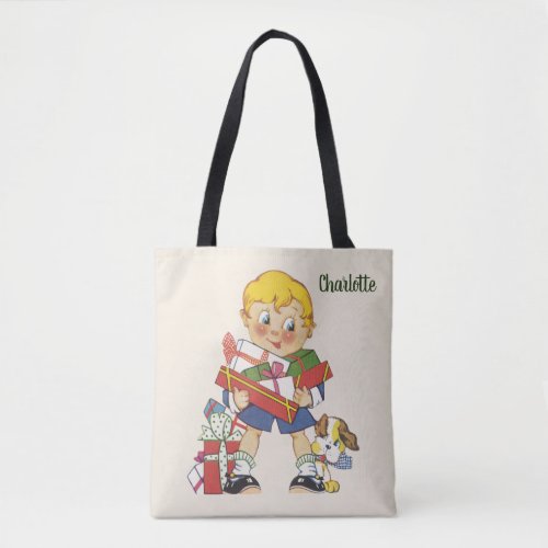 Vintage Christmas Boy with Presents and Puppy Dog Tote Bag