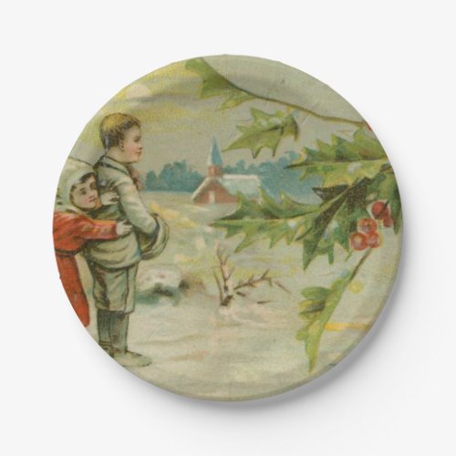 Vintage Christmas Bridge and Children Paper Plates