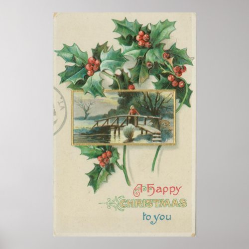 Vintage Christmas Bridge and Holly Poster