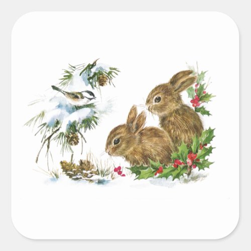 Vintage Christmas Bunnies in the Snow Square Sticker