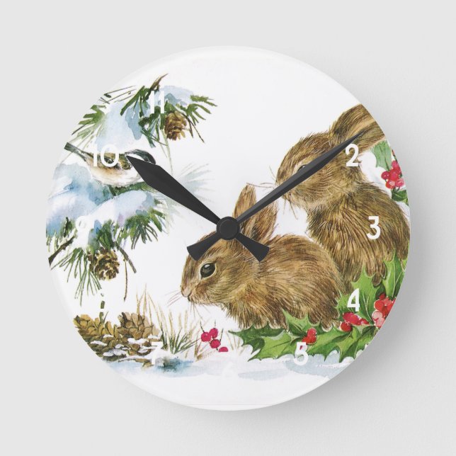 Vintage Christmas Bunnies Round Clock (Front)