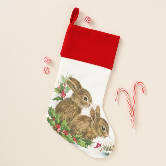 Vintage Christmas Bunnies Stocking (Front)