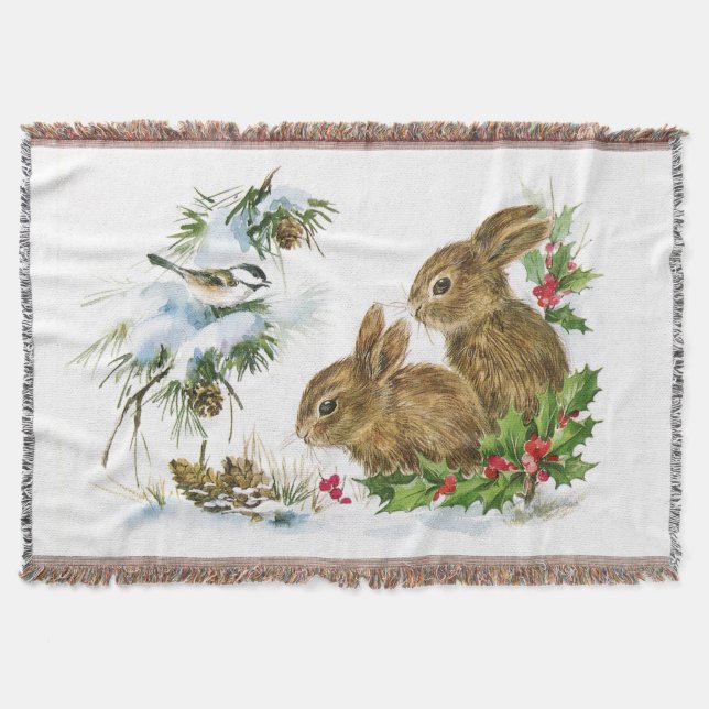 Vintage Christmas Bunnies Throw Blanket (Front)