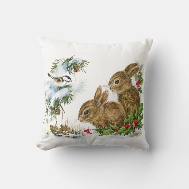Vintage Christmas Bunnies Throw Pillow (Front)