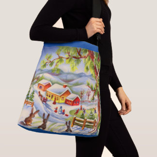 Vintage Christmas bunnies watching Christmas Crossbody Bag