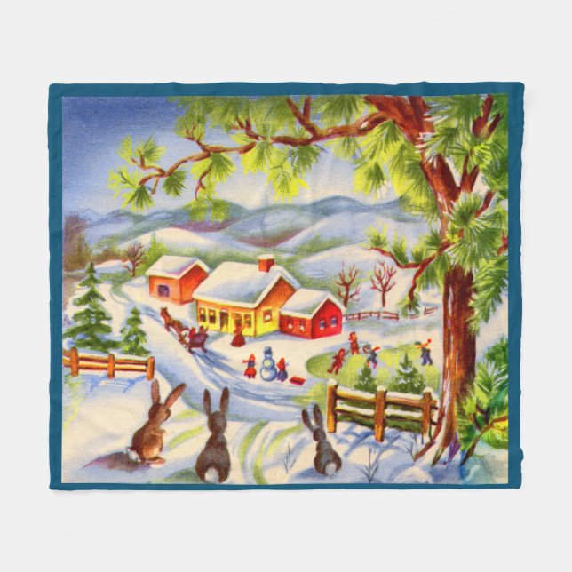 Vintage Christmas bunnies watching Christmas Fleece Blanket (Front (Horizontal))