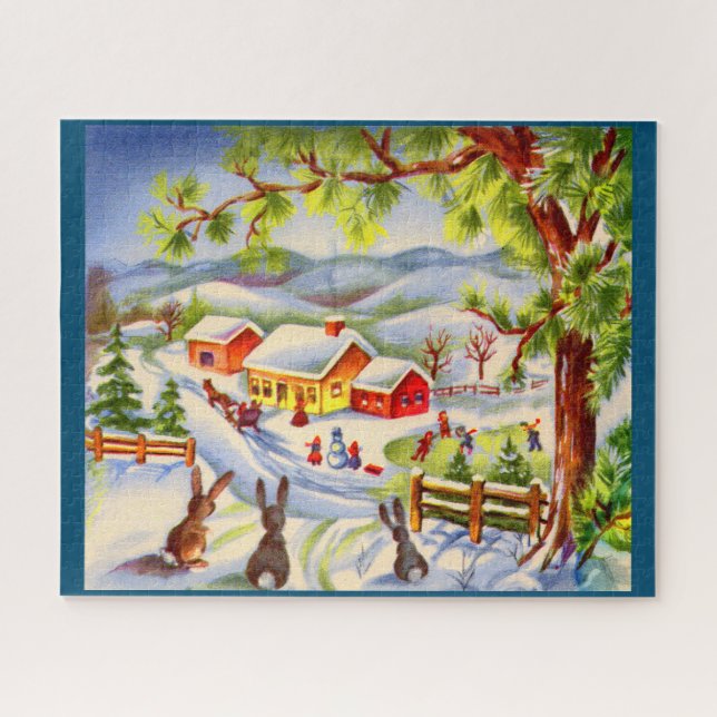 Vintage Christmas bunnies watching Christmas Jigsaw Puzzle (Horizontal)