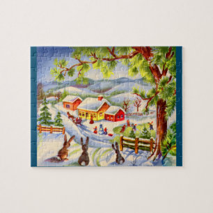 Vintage Christmas bunnies watching Christmas Jigsaw Puzzle