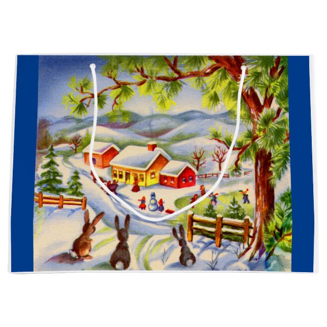 Vintage Christmas bunnies watching Christmas Large Gift Bag (Front)