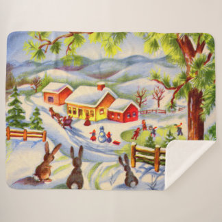 Vintage Christmas bunnies watching Christmas Sherpa Blanket