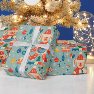 Vintage Christmas Bunny, Ornaments and Candy Cane Wrapping Paper