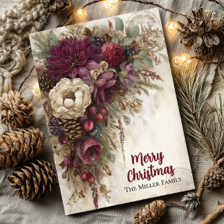 Vintage Christmas Burgundy Floral Personalized Holiday Card
