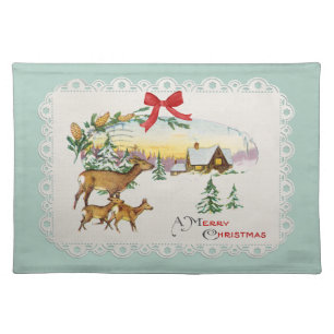 Vintage Christmas Cabin & Deer Cloth Placemat
