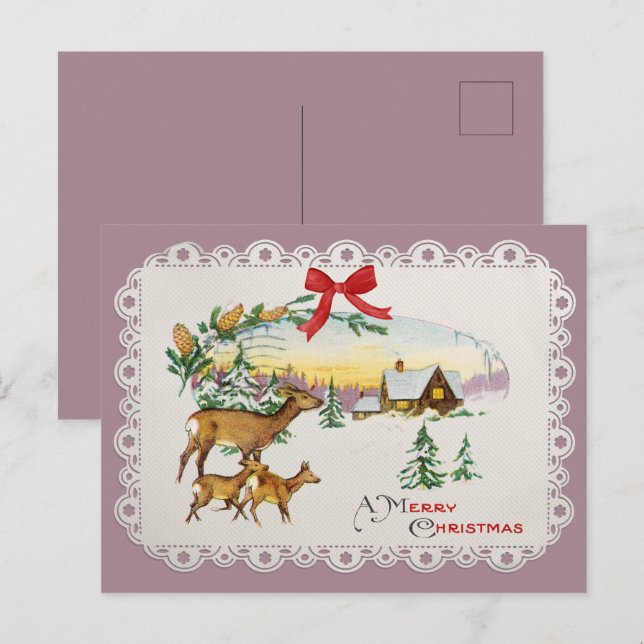 Vintage Christmas Cabin & Deer Holiday Postcard (Front/Back)