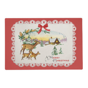 Vintage Christmas Cabin & Deer Placemat