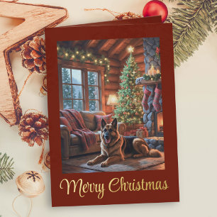 Vintage Christmas Cabin Dog Holiday Foil Greeting Card