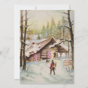 Vintage Christmas Cabin In Woods Holiday Card