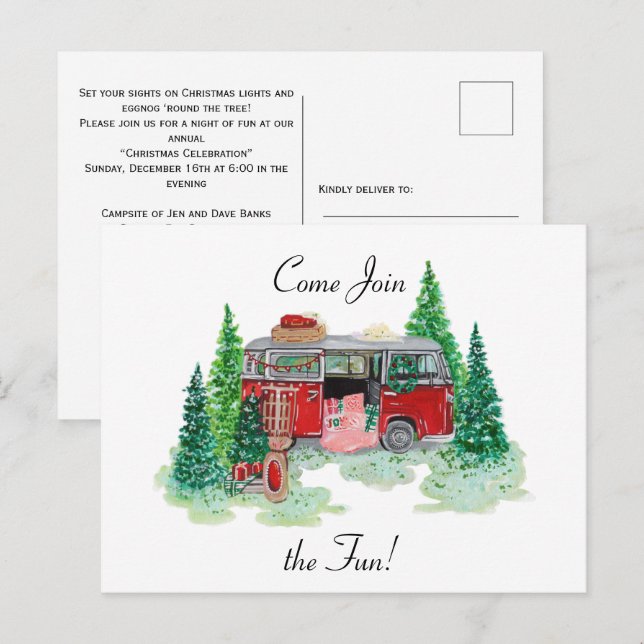 Vintage Christmas Camper Party Invitation Postcard (Front/Back)