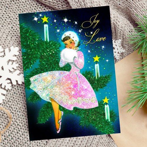 Vintage Christmas candle girl iridescent glitter Invitation