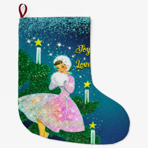 Vintage Christmas candle girl iridescent glitter Large Christmas Stocking