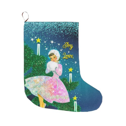 Vintage Christmas candle girl iridescent glitter Large Christmas Stocking