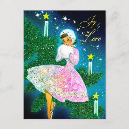 Vintage Christmas candle girl iridescent glitter Postcard