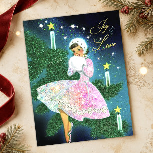 Vintage Christmas candle girl iridescent glitter Postcard