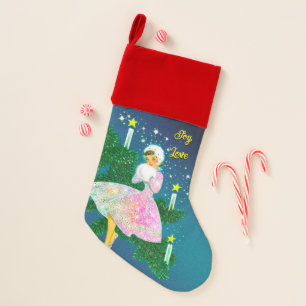 Vintage Christmas candle girl iridescent glitter Stocking