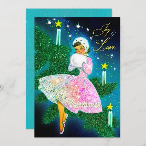 Vintage Christmas candle girl iridescent glitter Thank You Card