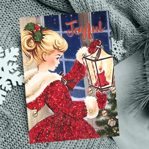 Vintage Christmas candle lamp red glitter girl  Holiday Card