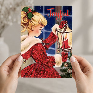 Vintage Christmas candle lamp red glitter girl Invitation