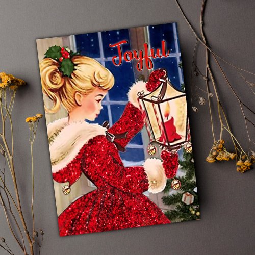Vintage Christmas candle lamp red glitter girl  Invitation