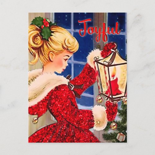 Vintage Christmas candle lamp red glitter girl Postcard