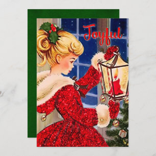 Vintage Christmas candle lamp red glitter girl Thank You Card