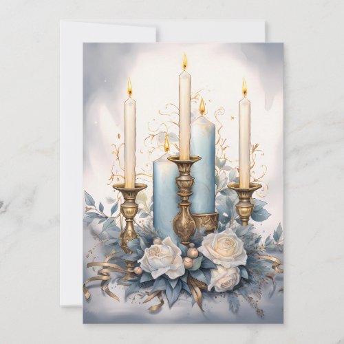 Vintage Christmas Candles Blue White Gold Holiday Card
