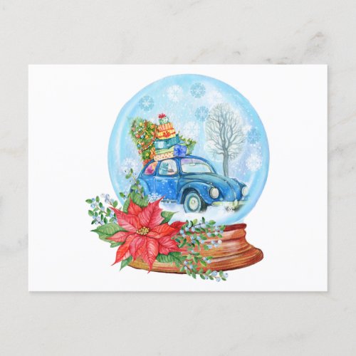 Vintage Christmas Car Poinsettia Snow Globe Postcard