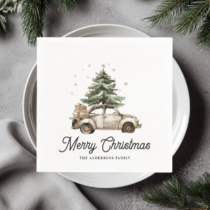 Vintage Christmas Car Watercolor Tree Personalized Napkins