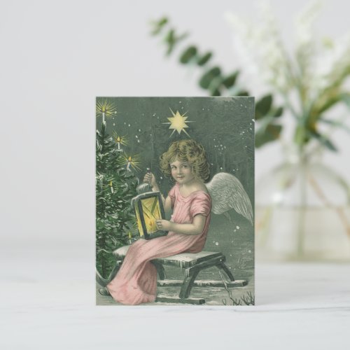 Vintage Christmas Card  Angel and Christmas Tree